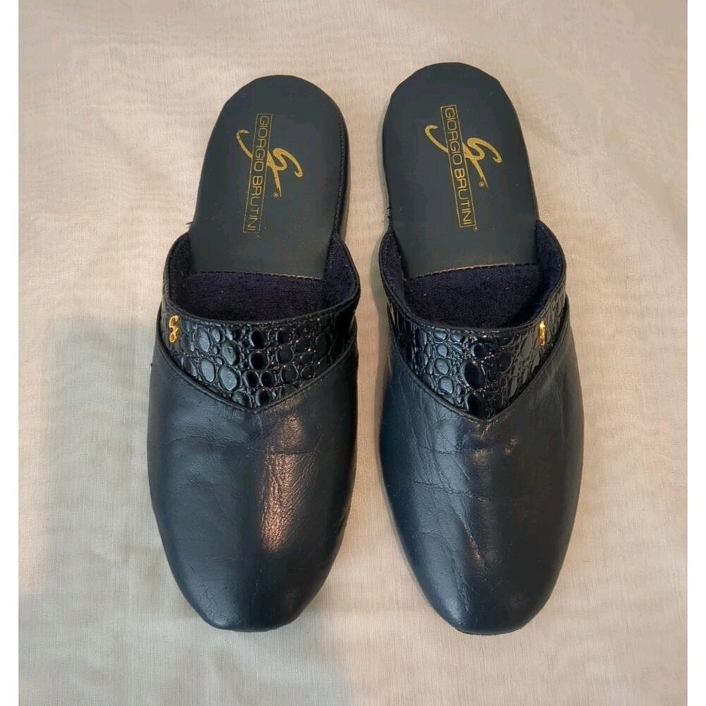 Giorgio Bruntini Mens 9 Navy Leather Scuff Slipper Split Suede Bottom